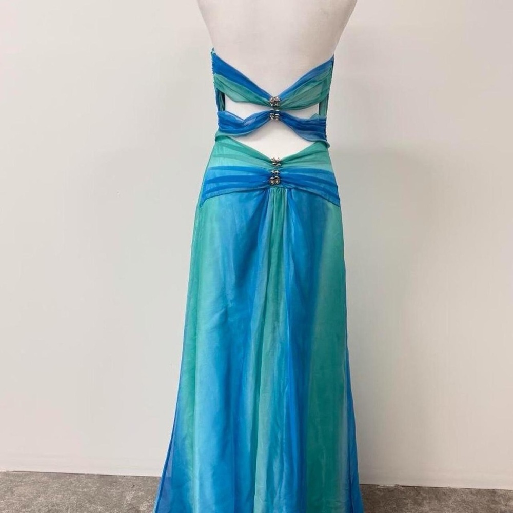 Cache Low Back Elegant Blue-Green Cutout Evening Gown